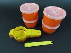 Lot of 7 Tupperware Lidded Ramekins with Egg Separator, Mini Strainer and 1/8 Teaspoon