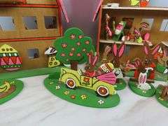 Lot of Handcrafted Wooden "Egg Factory" Rabbit Play Set