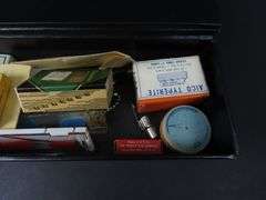 Box of Miscellaneous Pen Parts & Junk Drawer Items in Faux Leather Box