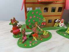 Lot of Handcrafted Wooden "Egg Factory" Rabbit Play Set