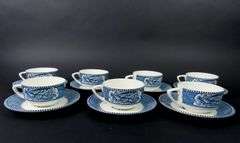 Lot of 7 "Currier & Ives Blue" Cups & Saucers by Royal (USA) - See Description