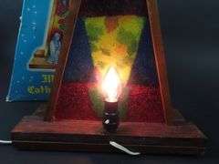 1964 Illuminated Cathedral Window Décor with Ceramic Nativity - Made in British Hong Kong