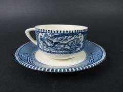 Lot of 7 "Currier & Ives Blue" Cups & Saucers by Royal (USA) - See Description