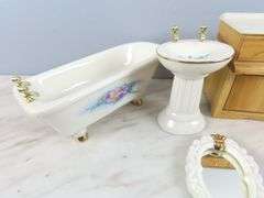 Lot of Porcelain Dollhouse Restroom Accessories with Tub & Toilet