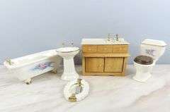 Lot of Porcelain Dollhouse Restroom Accessories with Tub & Toilet