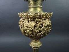 Tall 26.5" Banquet Gold Tone Oil Lamp with Shade & Chimney