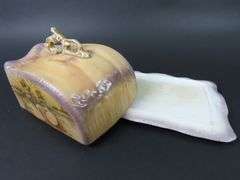 Large Antique Handpainted Lidded Cheese Dish