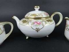 Handpainted Nippon Footed Teapot with Lidded Sugar & Creamer - Made in Japan
