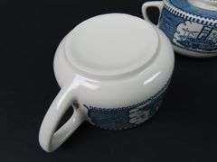 "Currier & Ives Blue" Creamer & Lidded Sugar with Single Bread Plate by Royal (USA)