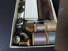 Box of Vintage Sewing Notions with Buttons