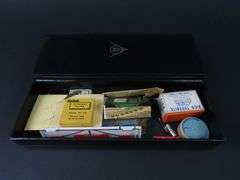 Box of Miscellaneous Pen Parts & Junk Drawer Items in Faux Leather Box