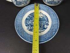 "Currier & Ives Blue" Creamer & Lidded Sugar with Single Bread Plate by Royal (USA)