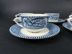 Lot of 7 "Currier & Ives Blue" Cups & Saucers by Royal (USA) - See Description