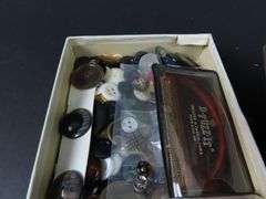 Box of Vintage Sewing Notions with Buttons