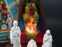 1964 Illuminated Cathedral Window Décor with Ceramic Nativity - Made in British Hong Kong