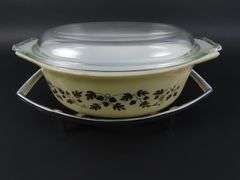 Lot of 2 Pyrex "Golden Acorn" 1 1/2 QT Serving Dish with Lid on Corning Ware Cradle