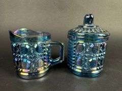 Vintage "Windsor Blue" Carnival Glass Cream & Lidded Sugar Dish by Indiana Glass