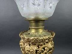 Tall 26.5" Banquet Gold Tone Oil Lamp with Shade & Chimney