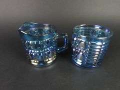 Vintage "Windsor Blue" Carnival Glass Cream & Lidded Sugar Dish by Indiana Glass