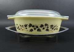 Lot of 2 Pyrex "Golden Acorn" 1 1/2 QT Serving Dish with Lid on Corning Ware Cradle