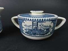 "Currier & Ives Blue" Creamer & Lidded Sugar with Single Bread Plate by Royal (USA)
