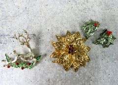 Vintage Christmas Brooch, Clip Earrings and Shoe Clip