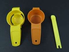 Lot of 7 Tupperware Lidded Ramekins with Egg Separator, Mini Strainer and 1/8 Teaspoon