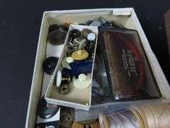 Box of Vintage Sewing Notions with Buttons