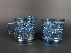 Vintage "Windsor Blue" Carnival Glass Cream & Lidded Sugar Dish by Indiana Glass