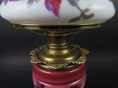 Beautiful Handpainted Antique Oil Lamp with Shade & Chimney