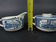 "Currier & Ives Blue" Creamer & Lidded Sugar with Single Bread Plate by Royal (USA)
