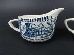 "Currier & Ives Blue" Creamer & Lidded Sugar with Single Bread Plate by Royal (USA)