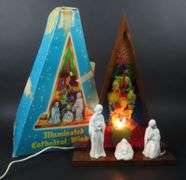 1964 Illuminated Cathedral Window Décor with Ceramic Nativity - Made in British Hong Kong