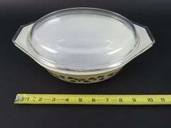 Lot of 2 Pyrex "Golden Acorn" 1 1/2 QT Serving Dish with Lid on Corning Ware Cradle
