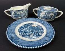 "Currier & Ives Blue" Creamer & Lidded Sugar with Single Bread Plate by Royal (USA)