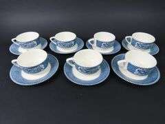 Lot of 7 "Currier & Ives Blue" Cups & Saucers by Royal (USA) - See Description