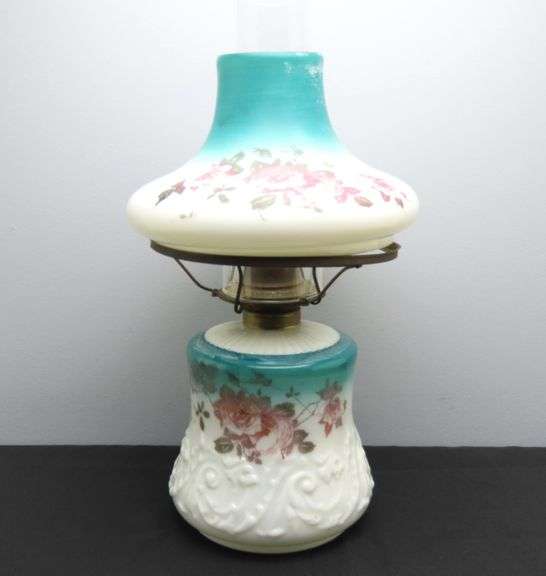 Antique Hand Painted Oil Lamp with Shade