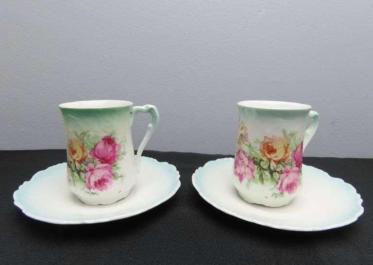 Lot of 2 Hand Painted Chocolate Cups & Saucers