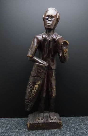Tall Handcrafted Wooden African Tribal Figure Playing a Drum