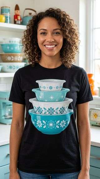 Black Shirt with Stacked Vintage Bowls (Large)- Turquoise