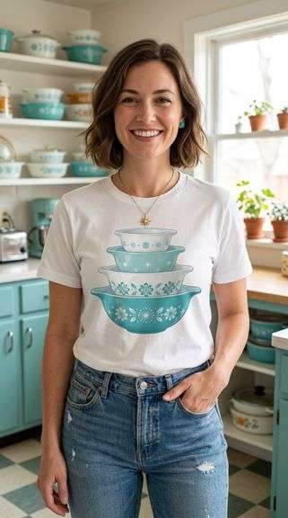 White Shirt with Stacked Vintage Bowls (X-Large)- Turquoise