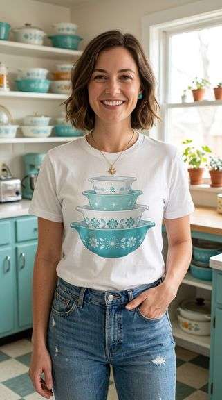 White Shirt with Stacked Vintage Bowls (Large)- Turquoise