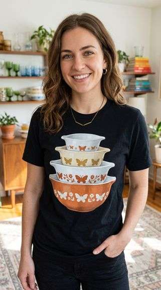 Black Shirt with Stacked Vintage Bowls (X-Large)- Butterflies