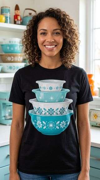 Black Shirt with Stacked Vintage Bowls (Extra Large)- Turquoise