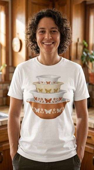 White Shirt with Stacked Vintage Bowls (Large)- Butterflies