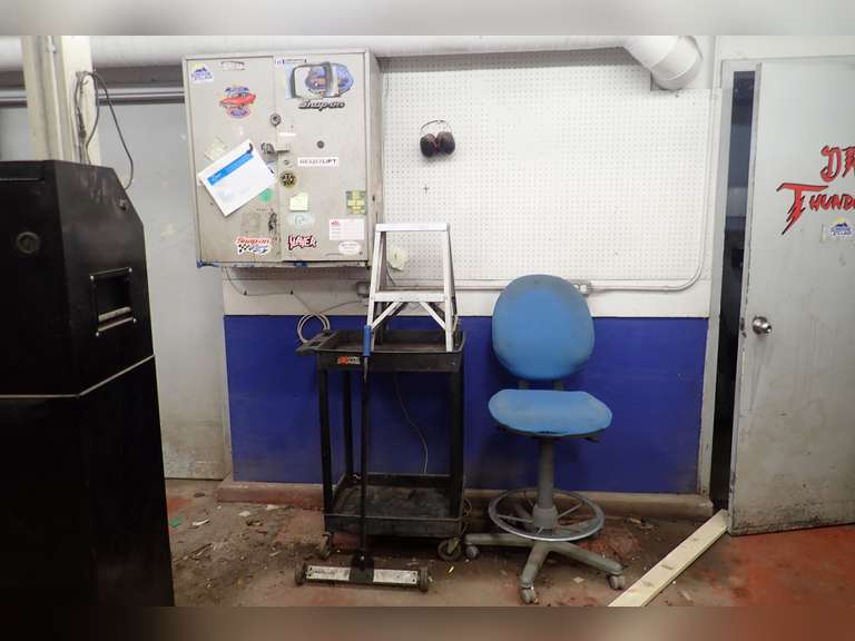 Lot of Wall-Mount Cabinet, 2-Tier Shop Cart, Mag Sweep, Step Ladder and Hydraulic Stool.