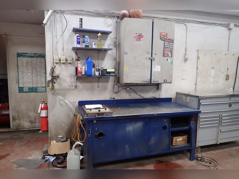 Lot of Rousseau 6'x30" Shop Bench and  2-Door Cabinet. NOTE: DAMAGE TO BENCH.