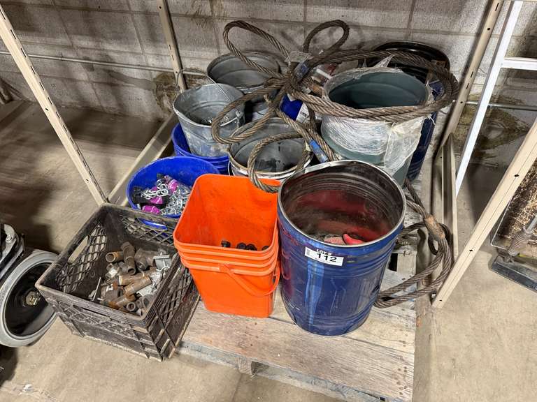 Pallet of Asst. Bolts, Nuts, Lifting Hooks, Cable Slings, Etc.
