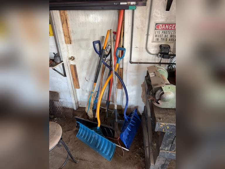 Lot of Shovels, Rake, 4” Auger, Etc.