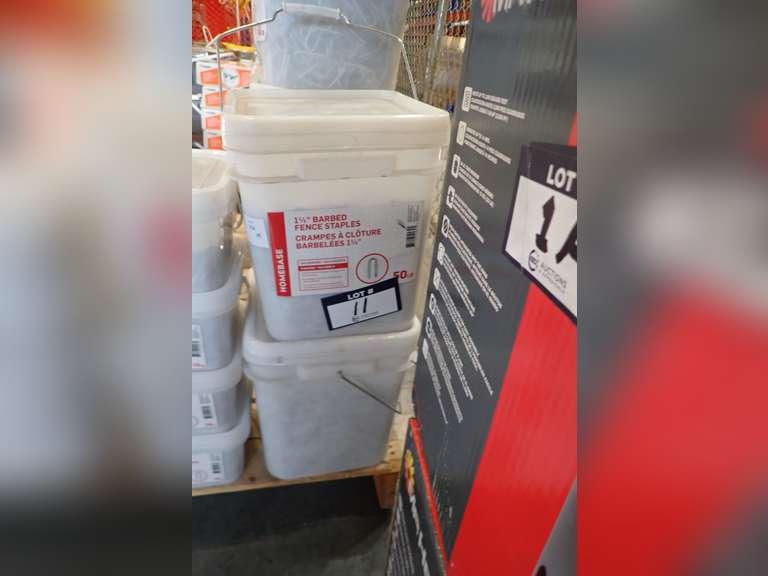 Lot of (2) Homebase 50lbs Pails 1 1/2" Barbed Fence Staples.